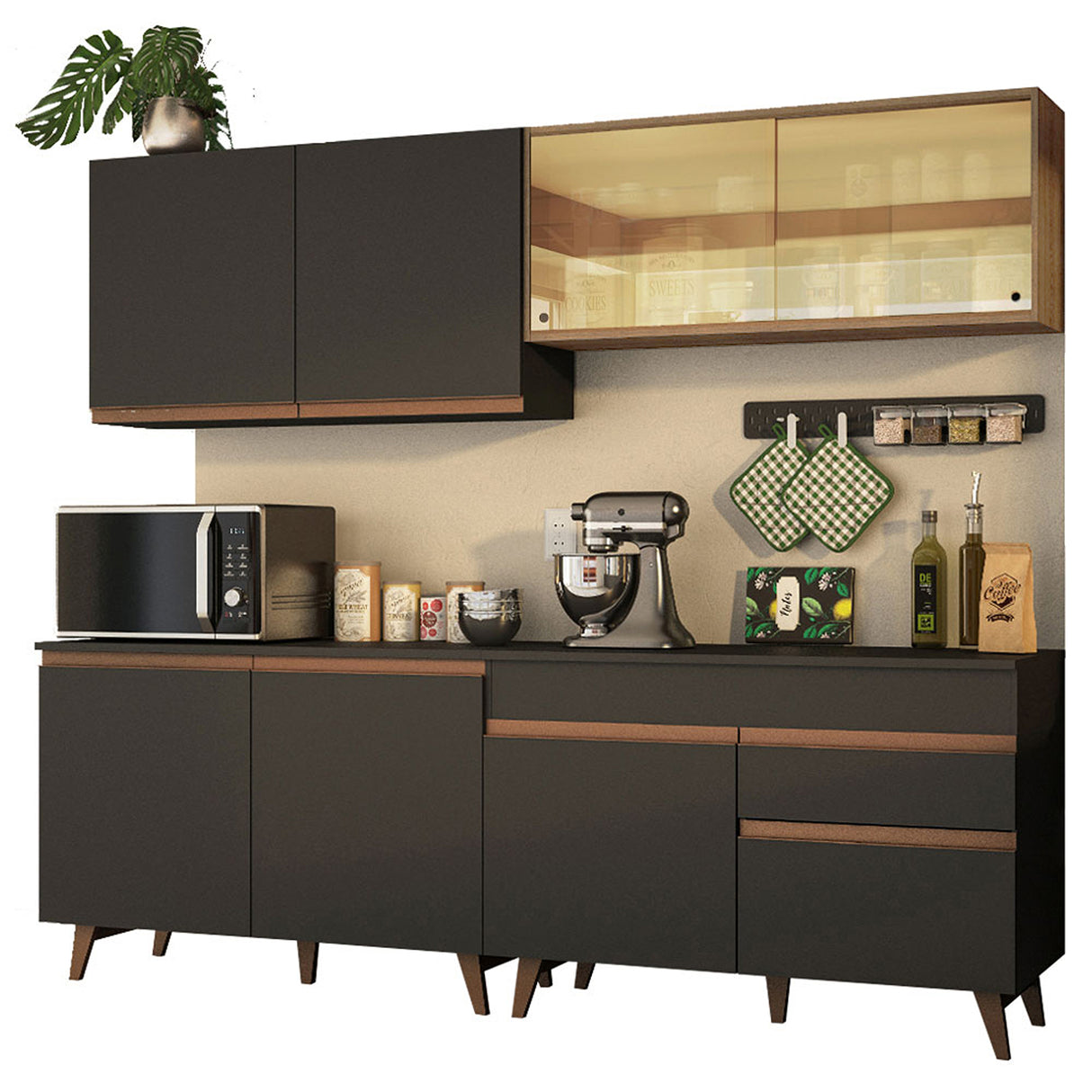 Cocina Integral Reims Negro y Marron 240x210cm con Mesón y sin Pozuelo - COCINAS | Bylmo