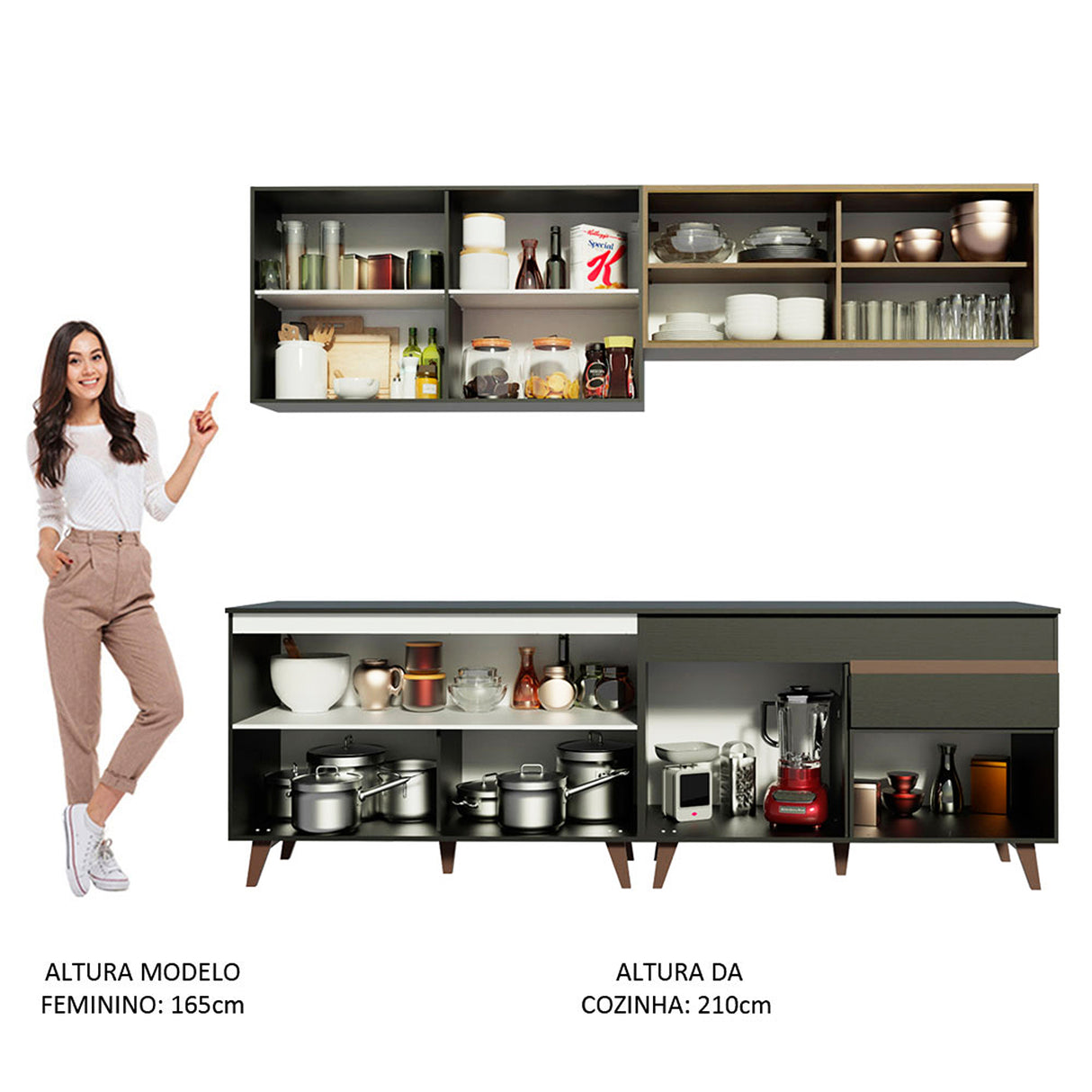 Cocina Integral Reims Negro y Marron 240x210cm con Mesón y sin Pozuelo - COCINAS | Bylmo