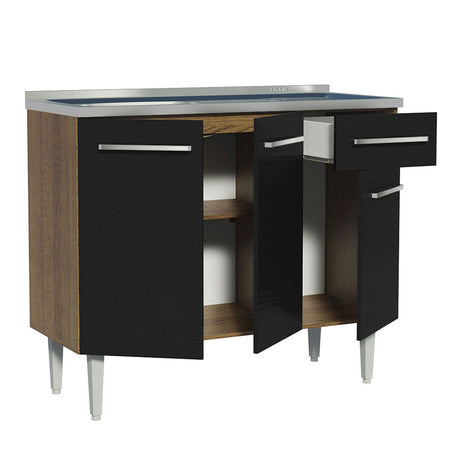 Mueble Inferior de Cocina Emily Marron y Negro 105x91cm con Mesón de Acero Inoxidable - MUEBLES INFERIORES DE COCINA | Bylmo
