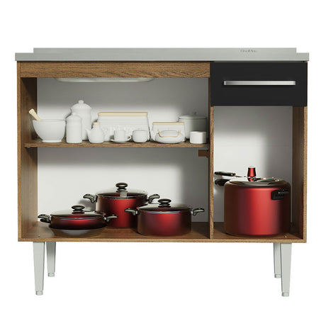 Mueble Inferior de Cocina Emily Marron y Negro 105x91cm con Mesón de Acero Inoxidable - MUEBLES INFERIORES DE COCINA | Bylmo