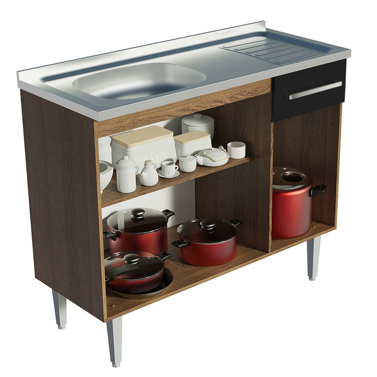 Mueble Inferior de Cocina Emily Marron y Negro 105x91cm con Mesón de Acero Inoxidable - MUEBLES INFERIORES DE COCINA | Bylmo