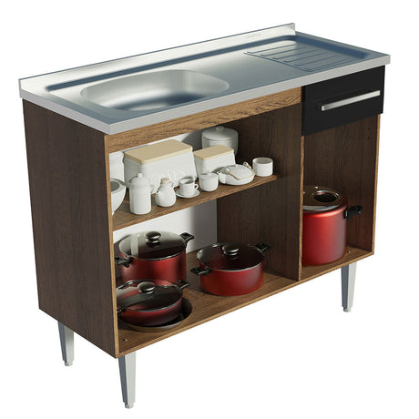 Mueble Inferior de Cocina Emily Marron y Negro 105x91cm con Mesón de Acero Inoxidable - MUEBLES INFERIORES DE COCINA | Bylmo