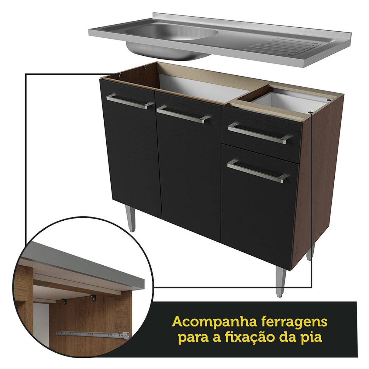 Mueble Inferior de Cocina Emily Marron y Negro 105x91cm con Mesón de Acero Inoxidable - MUEBLES INFERIORES DE COCINA | Bylmo