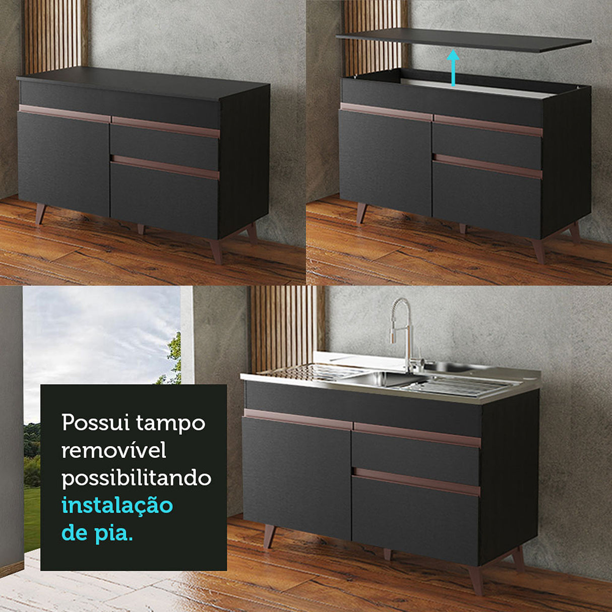 Mueble Inferior de Cocina Reims Negro 120x83cm con Mesón de Madera - MUEBLES INFERIORES DE COCINA | Bylmo