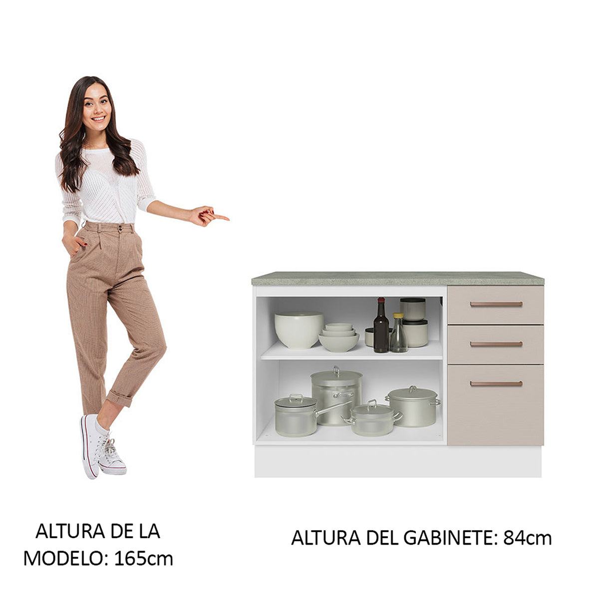 Mueble Inferior de Cocina Agata Blanco y Crema 120x84cm con Mesón de Madera - MUEBLES INFERIORES DE COCINA | Bylmo