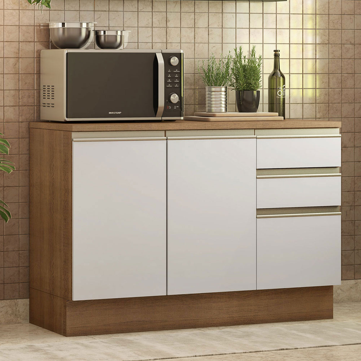 Mueble Inferior de Cocina Glamy Blanco 120x84cm con Mesón de Madera - MUEBLES INFERIORES DE COCINA | Bylmo