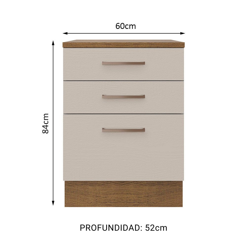 Mueble Inferior de Cocina Agata Marron y Crema 60x84cm con Mesón de Madera y Tres Cajones - MUEBLES INFERIORES DE COCINA | Bylmo