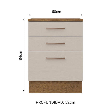 Mueble Inferior de Cocina Agata Marron y Crema 60x84cm con Mesón de Madera y Tres Cajones - MUEBLES INFERIORES DE COCINA | Bylmo