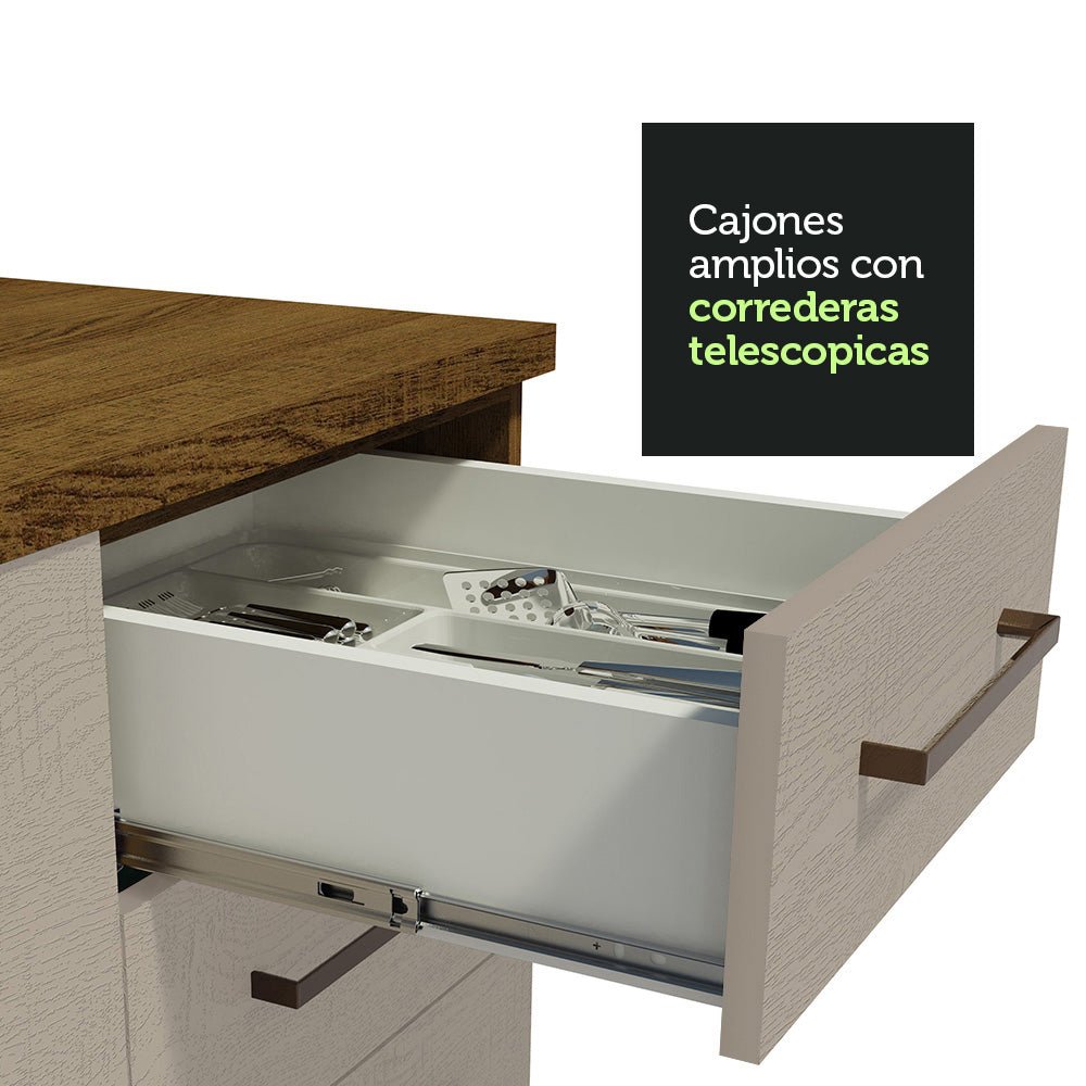 Mueble Inferior de Cocina Agata Marron y Crema 60x84cm con Mesón de Madera y Tres Cajones - MUEBLES INFERIORES DE COCINA | Bylmo