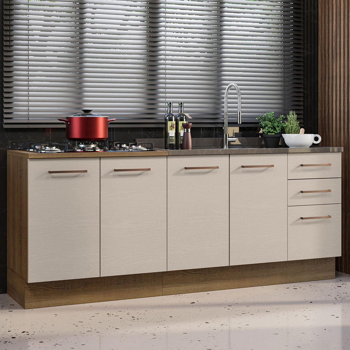 Set X 2 Muebles Inferiores de Cocina Agata Marron y Crema 120x84cm con Mesón de Madera - MUEBLES INFERIORES DE COCINA | Bylmo
