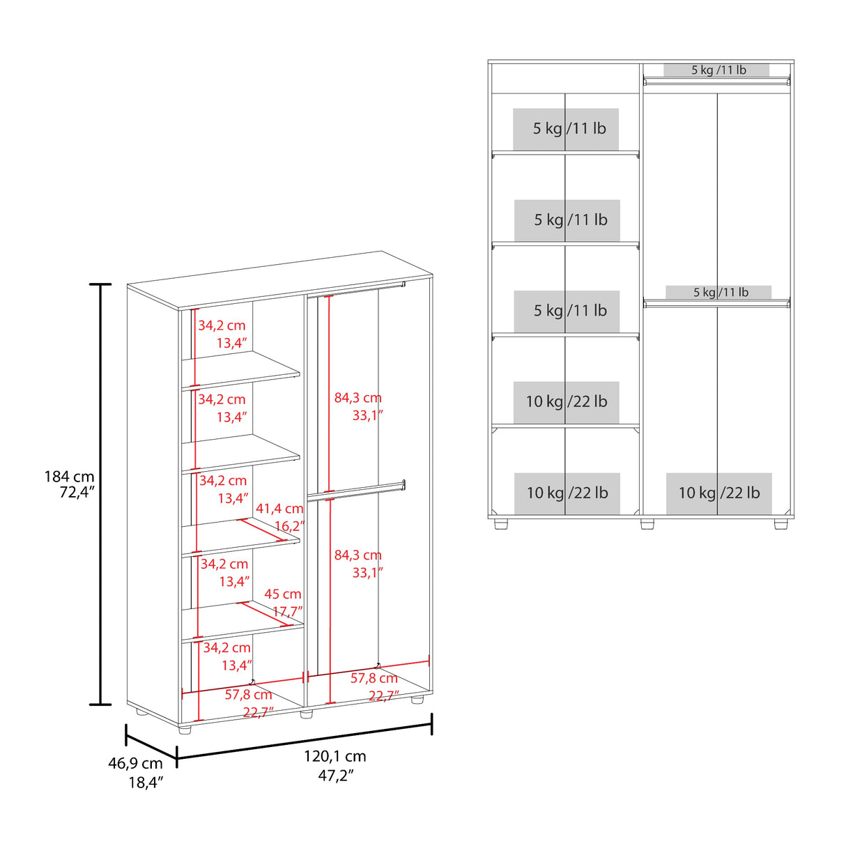 Closet Eco Milan y Blanco 120.1x184cm con Siete Compartimientos - CLOSETS | Bylmo
