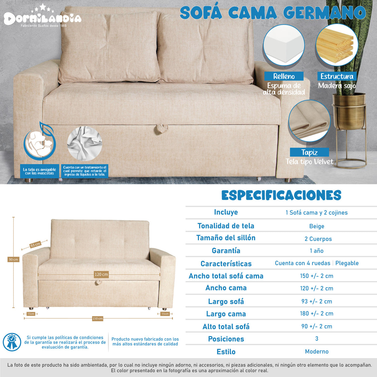 Sofá Cama Germano Beige 150x90cm Reclinable con Dos Cojines decorativos - SOFAS Y POLTRONAS | Bylmo
