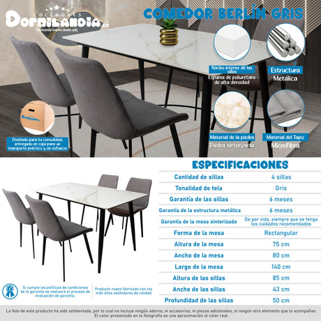 Comedor Berlín Gris 80x75cm Rectangular de Cuatro Puestos con Cuatro Sillas - COMEDORES | Bylmo