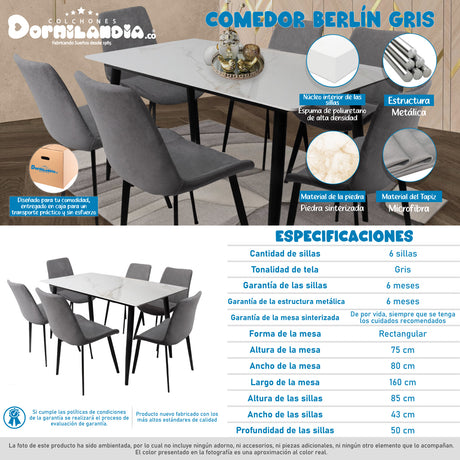 Comedor Berlín Gris 80x75cm Rectangular de Seis Puestos con Seis Sillas - COMEDORES | Bylmo