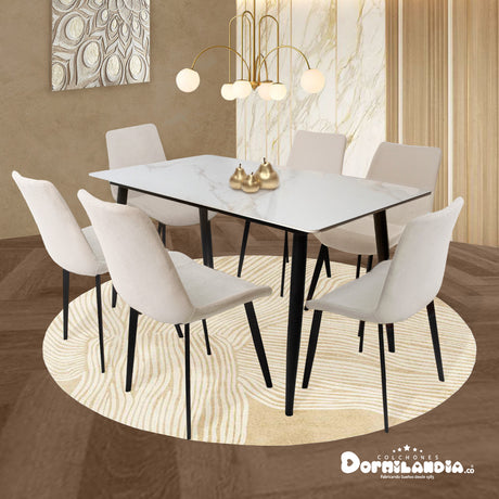 Comedor Berlín Beige 80x75cm Rectangular de Seis Puestos con Seis Sillas - COMEDORES | Bylmo