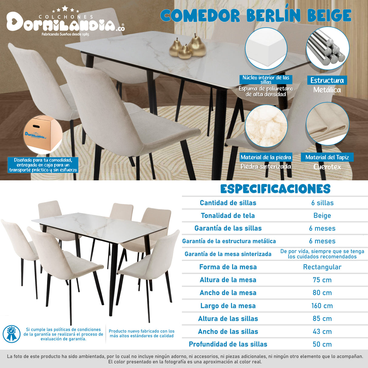 Comedor Berlín Beige 80x75cm Rectangular de Seis Puestos con Seis Sillas - COMEDORES | Bylmo