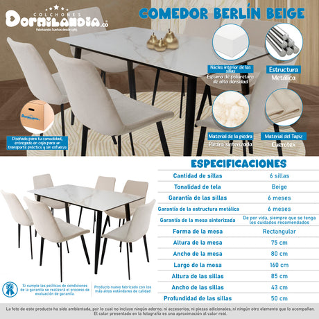 Comedor Berlín Beige 80x75cm Rectangular de Seis Puestos con Seis Sillas - COMEDORES | Bylmo