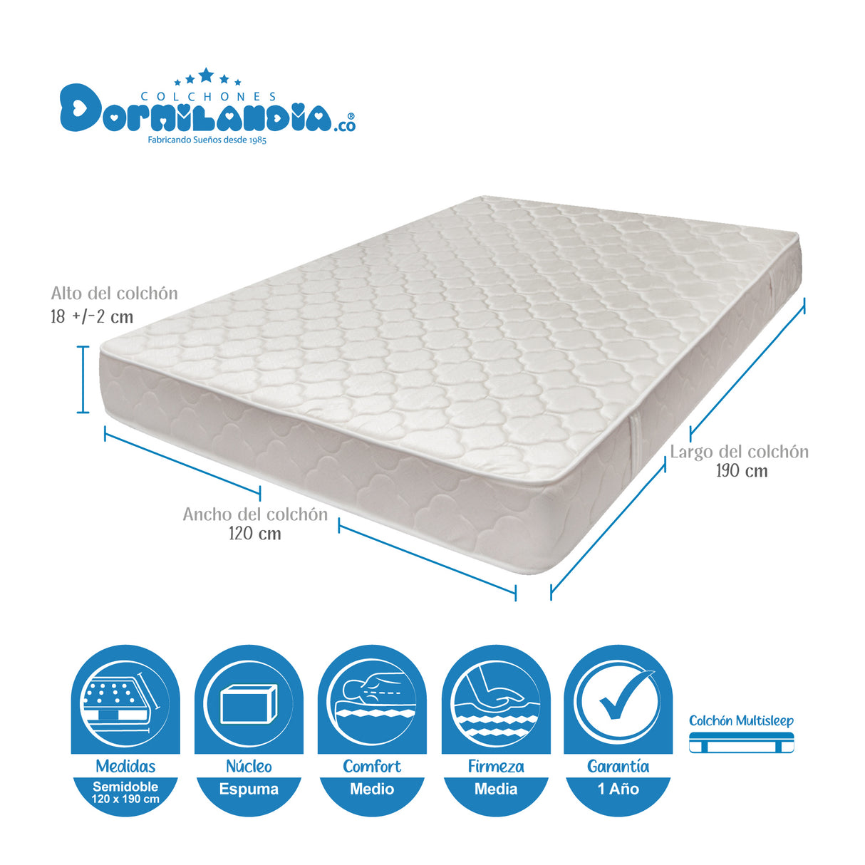 Colchón Multisleep Blanco Semidoble 120 X 190 Cm Firmeza Medio Doble Faz - COLCHONES | Bylmo
