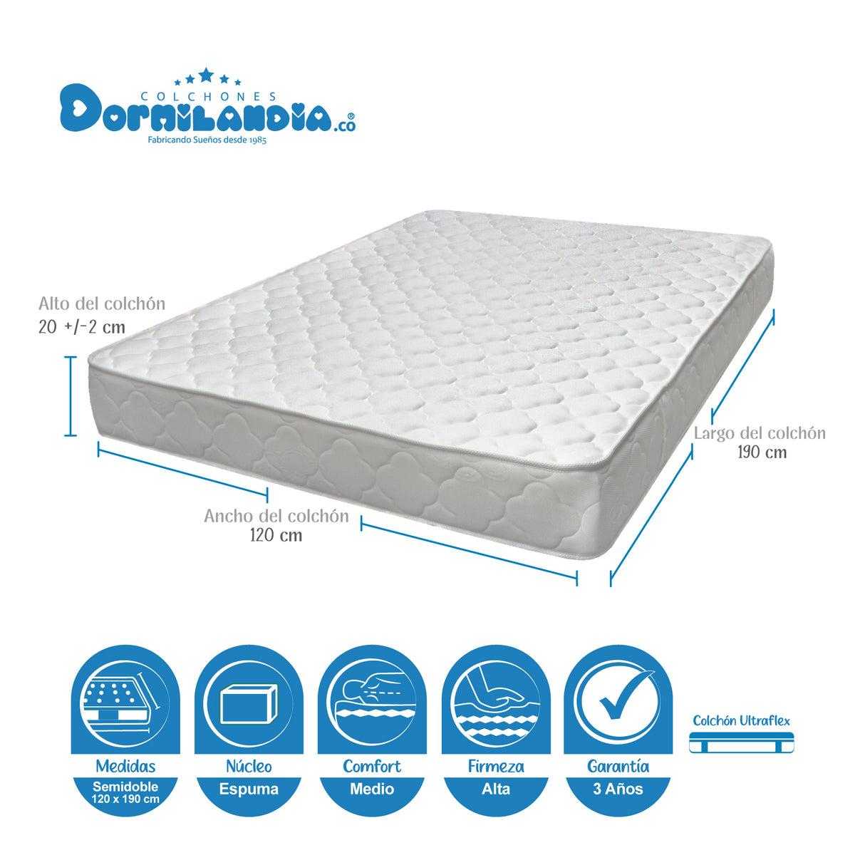 Colchón Ultraflex Blanco Semidoble 120 X 190 Cm Firmeza Firme Doble Faz - COLCHONES | Bylmo