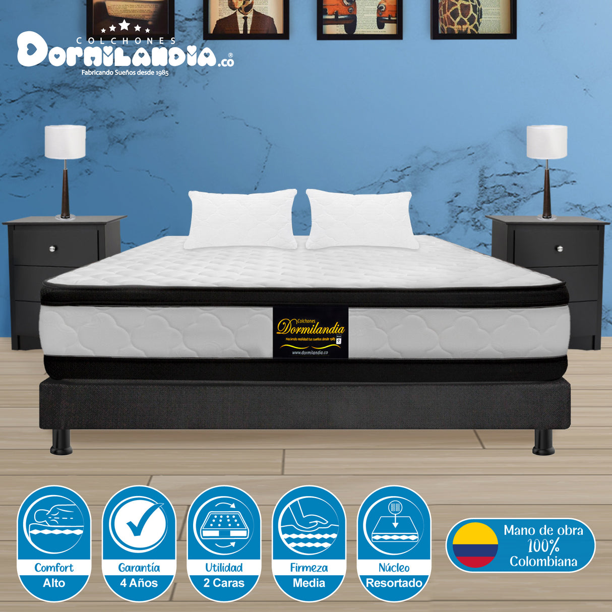 Combo Base Cama y Colchón Atenas Blanco y Gris Queen 160 X 190 Cm Firmeza Medio Doble Faz - COLCHONES | Bylmo