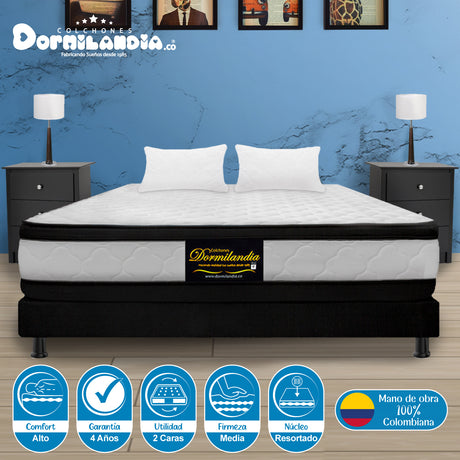 Combo Base Cama y Colchón Atenas Blanco y Negro Queen 160 X 190 Cm Firmeza Medio Doble Faz - COLCHONES | Bylmo