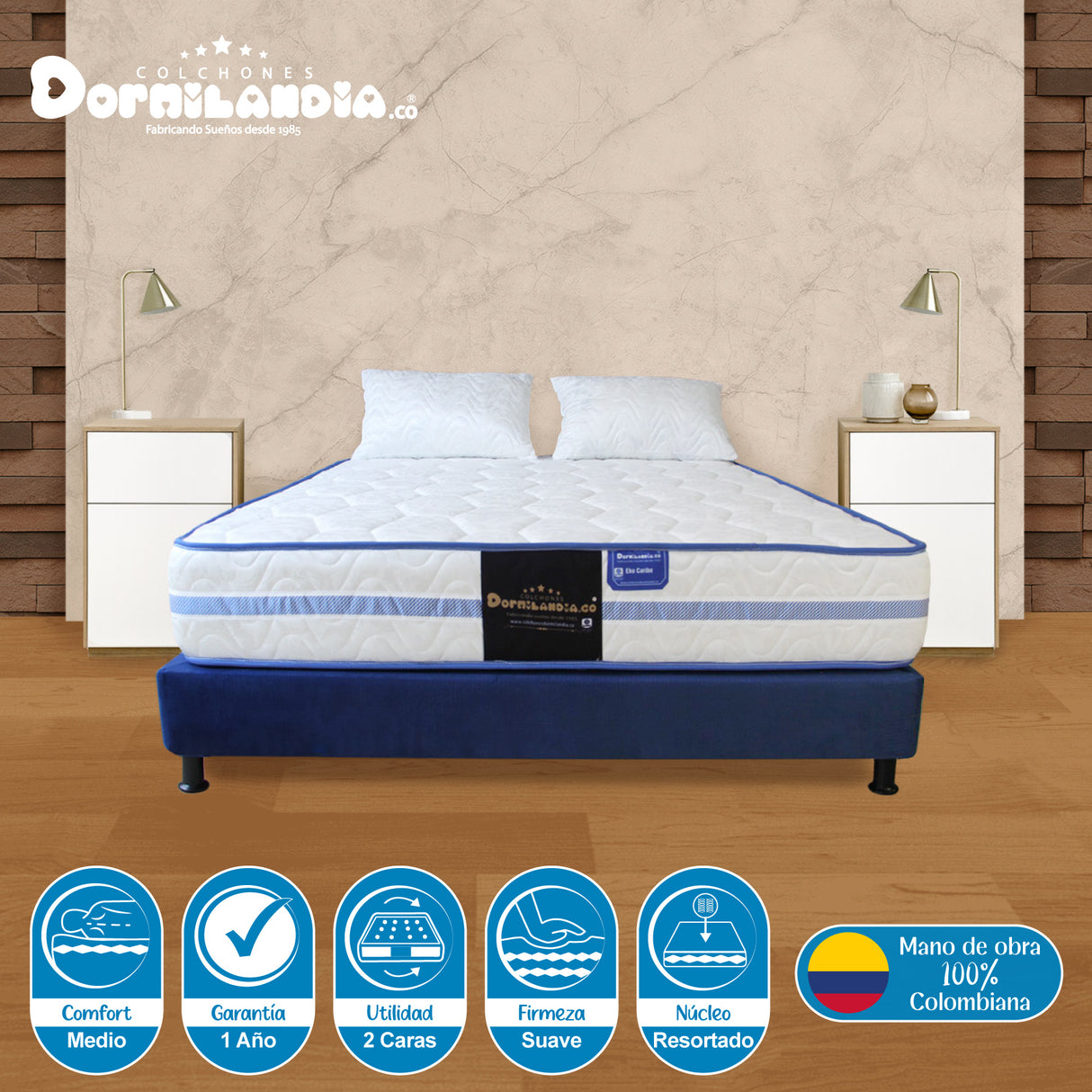 Combo Base Cama y Colchón Caribe Blanco y Azul Doble 140 X 190 Cm Firmeza Suave Doble Faz - COLCHONES | Bylmo