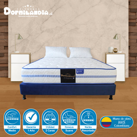 Combo Base Cama y Colchón Caribe Blanco y Azul Doble 140 X 190 Cm Firmeza Suave Doble Faz - COLCHONES | Bylmo