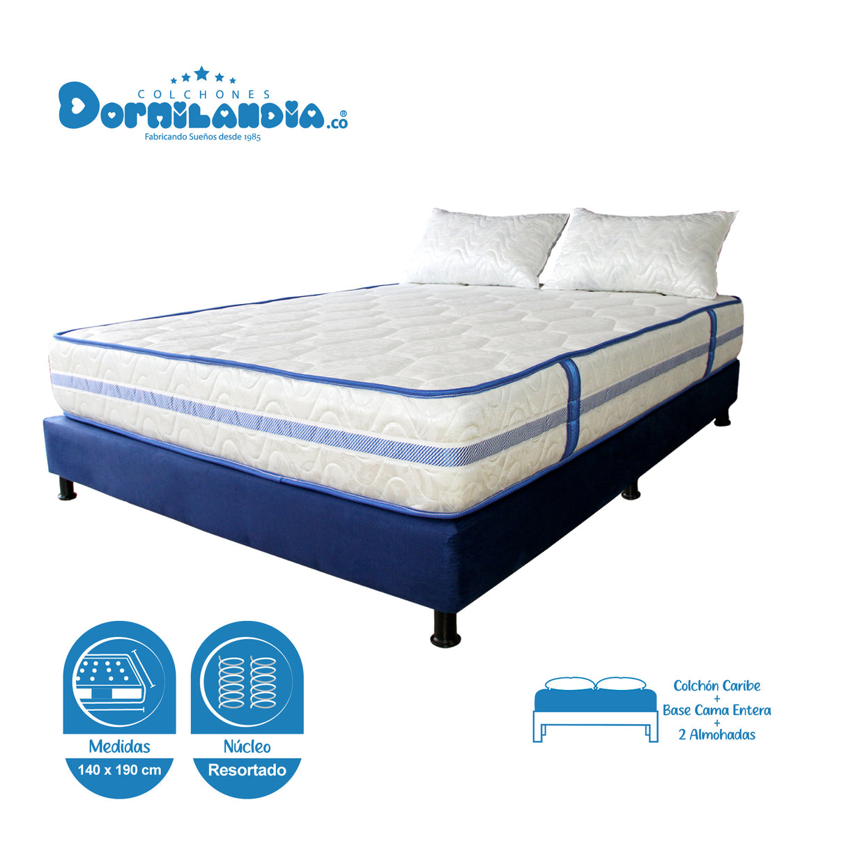 Combo Base Cama y Colchón Caribe Blanco y Azul Doble 140 X 190 Cm Firmeza Suave Doble Faz - COLCHONES | Bylmo