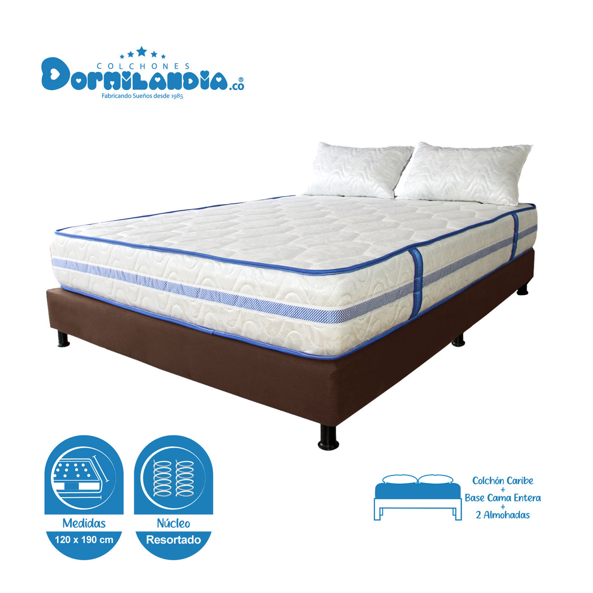 Combo Base Cama y Colchón Caribe Blanco y Cafe Semidoble 120 X 190 Cm Firmeza Suave Doble Faz - COLCHONES | Bylmo