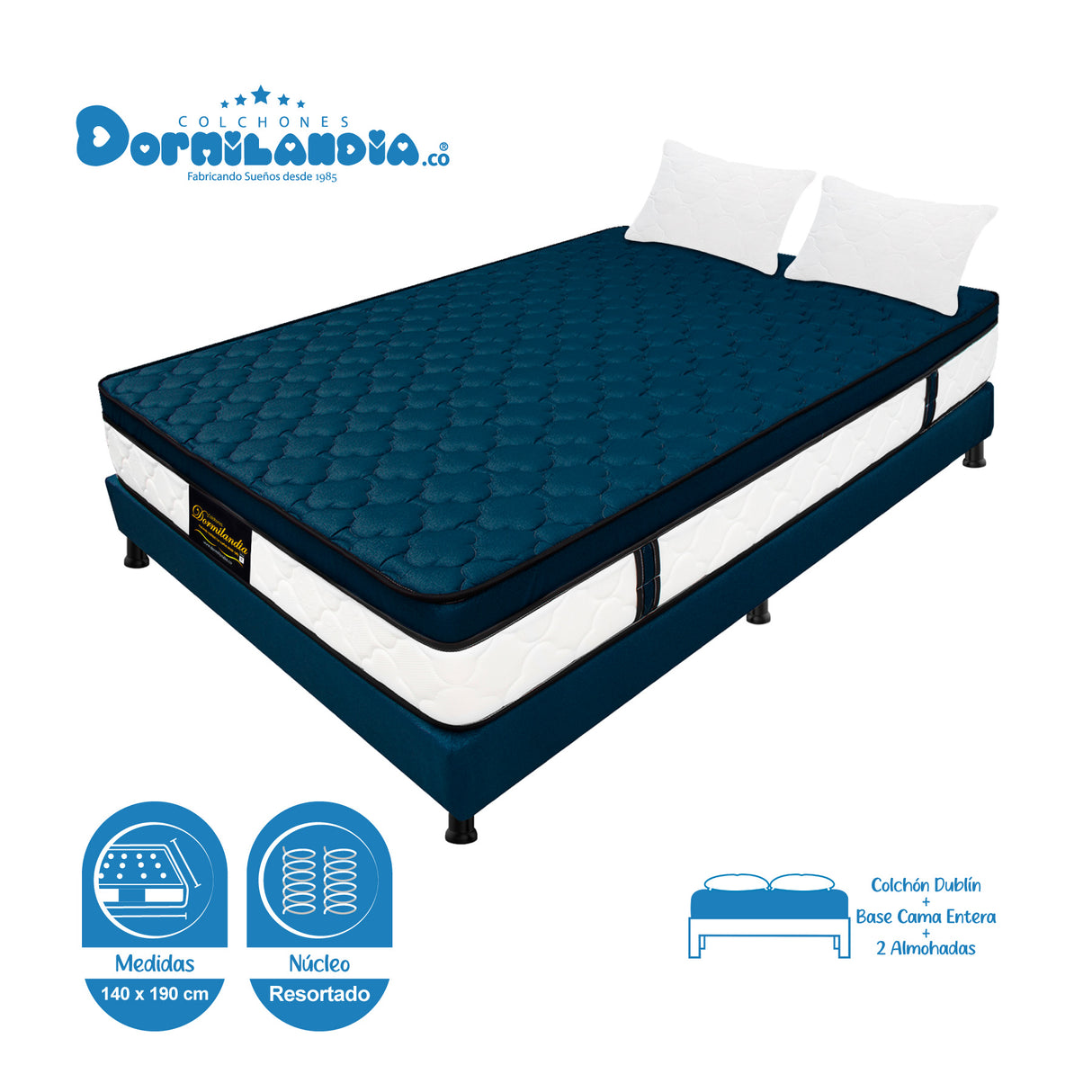 Combo Base Cama y Colchón Dublín Azul Doble 140 X 190 Cm Firmeza Medio - COLCHONES | Bylmo
