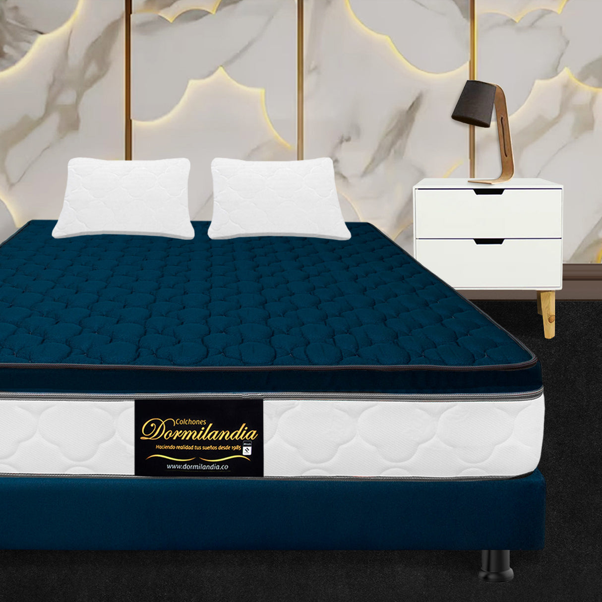 Combo Base Cama y Colchón Dublín Azul Doble 140 X 190 Cm Firmeza Medio - COLCHONES | Bylmo