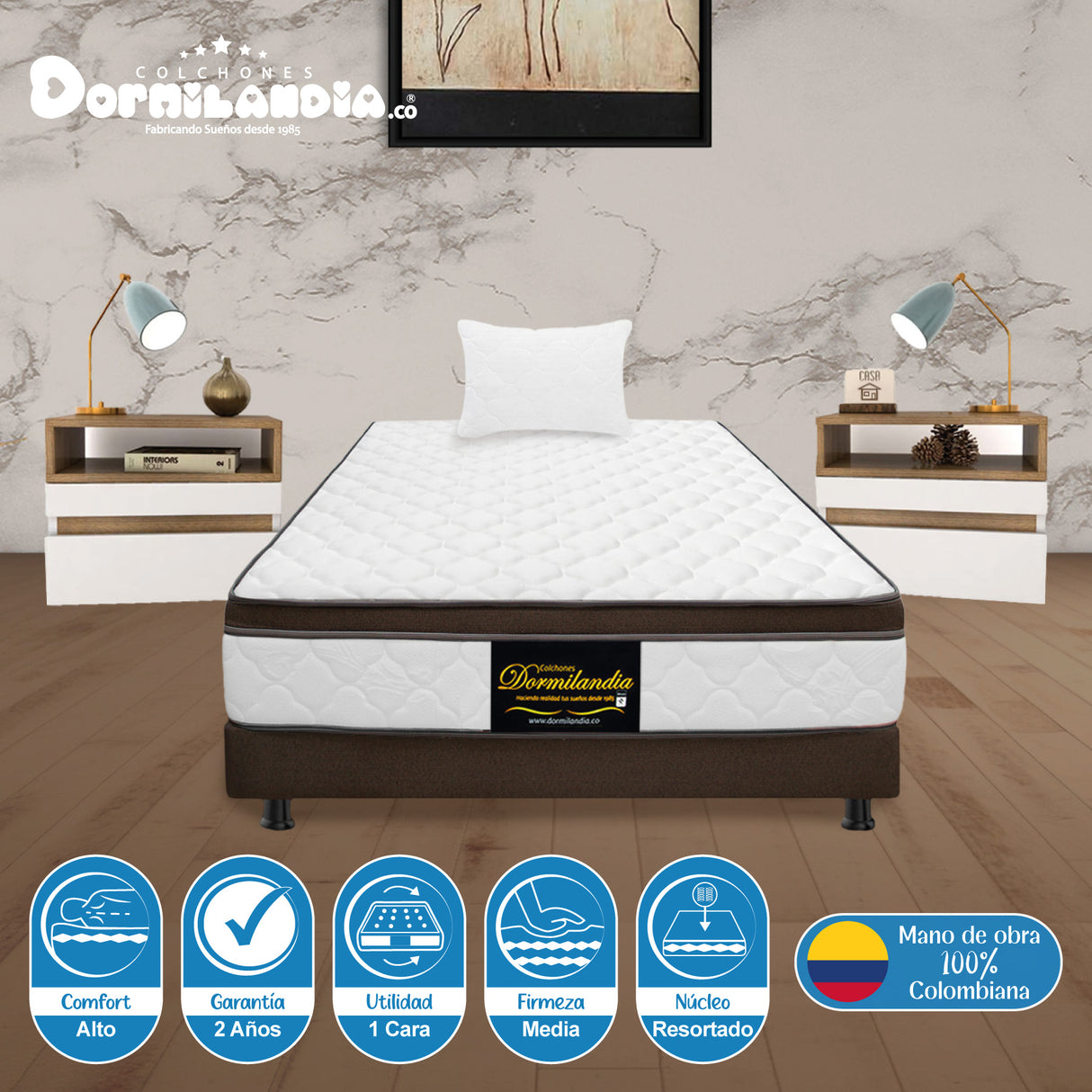 Combo Base Cama y Colchón Dublín Cafe Sencillo 100 X 190 Cm Firmeza Medio - COLCHONES | Bylmo