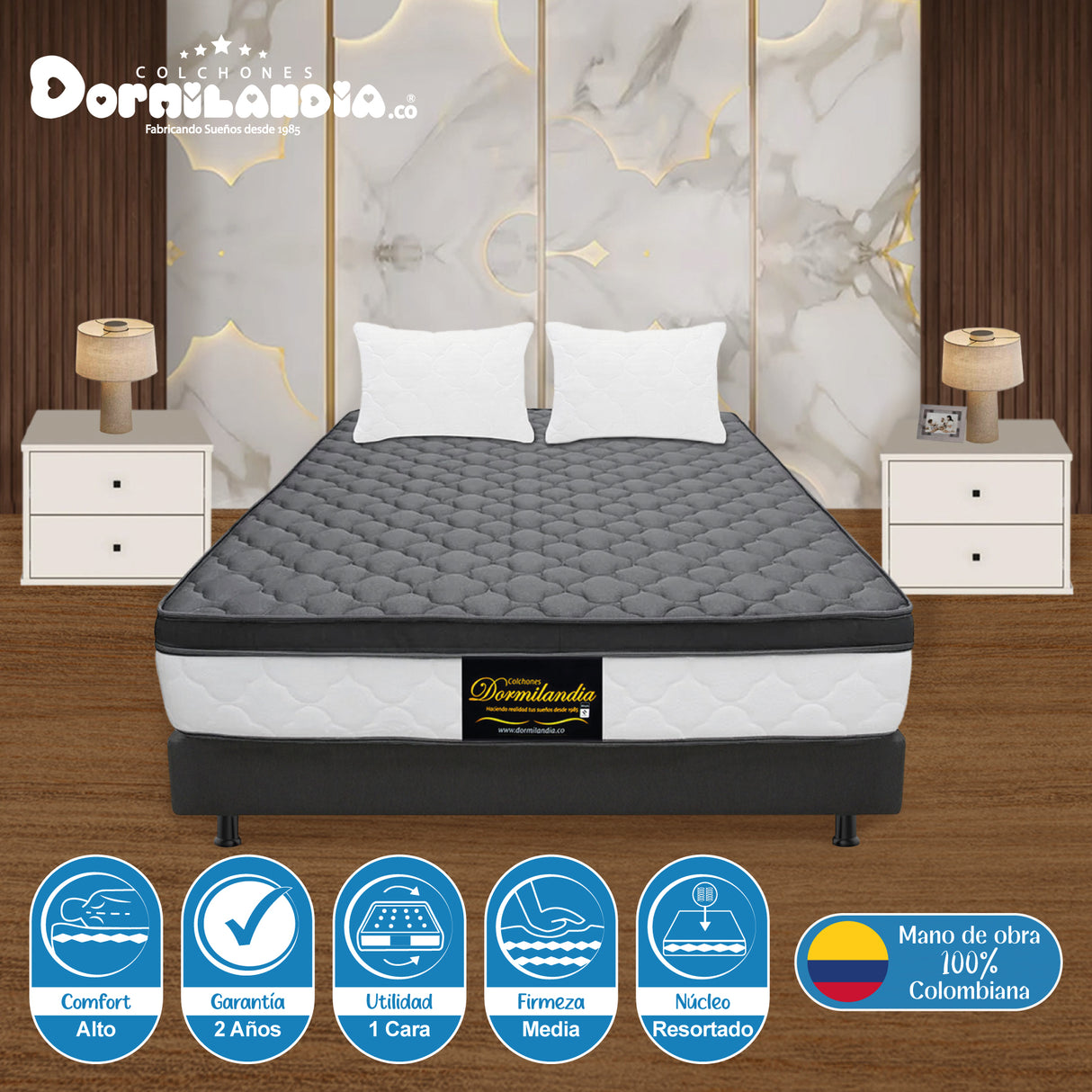 Combo Base Cama y Colchón Dublín Gris Semidoble 120 X 190 Cm Firmeza Medio - COLCHONES | Bylmo