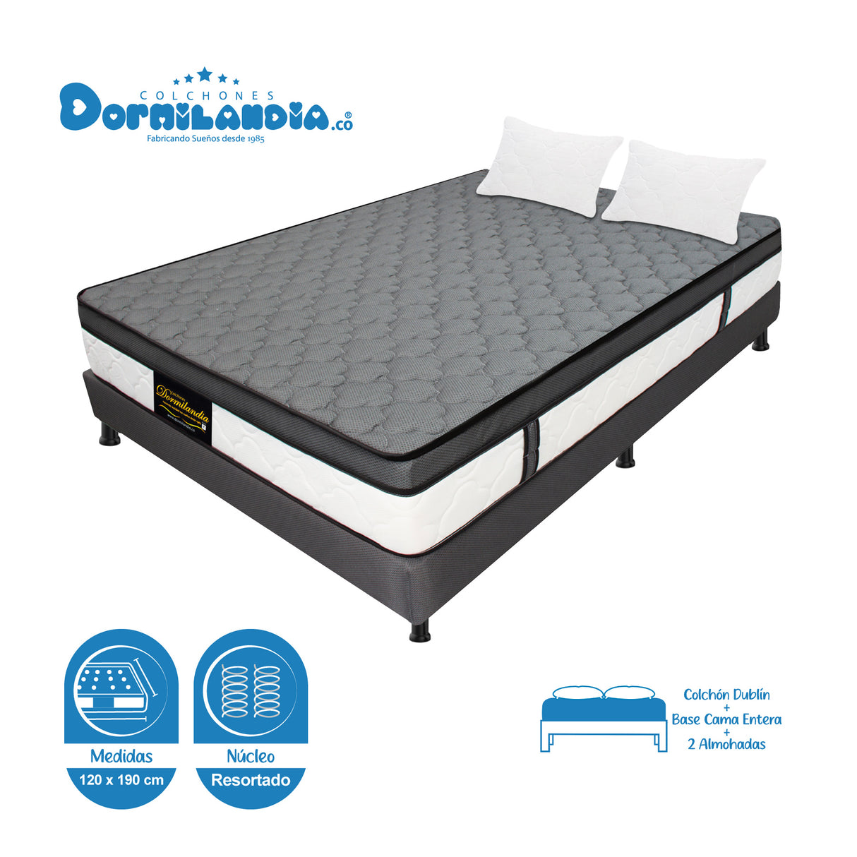 Combo Base Cama y Colchón Dublín Gris Semidoble 120 X 190 Cm Firmeza Medio - COLCHONES | Bylmo