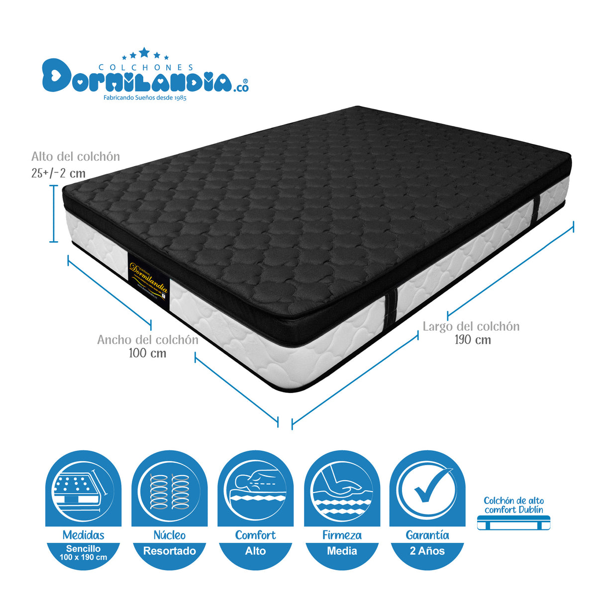 Combo Base Cama y Colchón Dublín Negro Sencillo 100 X 190 Cm Firmeza Medio - COLCHONES | Bylmo