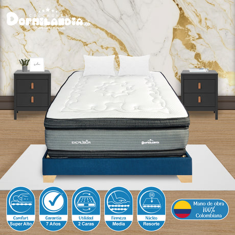 Combo Base Cama y Colchón Excalibur Gris y Azul Semidoble 120 X 190 Cm Firmeza Medio Doble Faz - COLCHONES | Bylmo