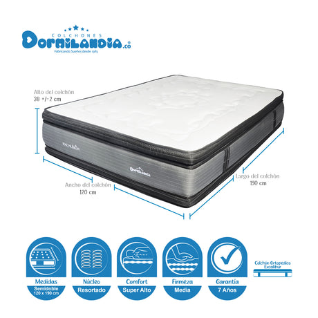 Combo Base Cama y Colchón Excalibur Gris y Azul Semidoble 120 X 190 Cm Firmeza Medio Doble Faz - COLCHONES | Bylmo