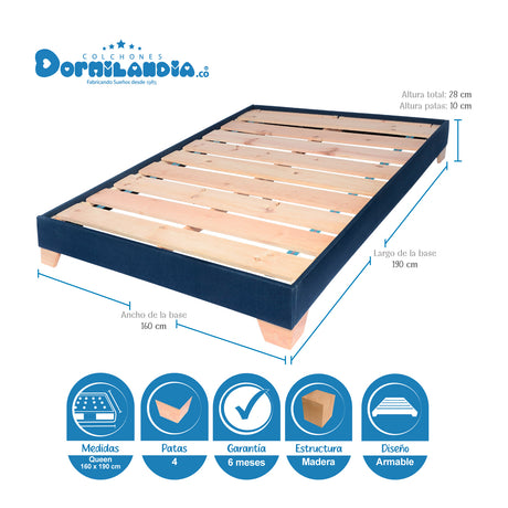 Combo Base Cama y Colchón Excalibur Gris y Azul Queen 160 X 190 Cm Firmeza Medio Doble Faz - COLCHONES | Bylmo