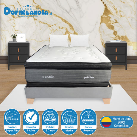 Combo Base Cama y Colchón Excalibur Gris Doble 140 X 190 Cm Firmeza Medio Doble Faz - COLCHONES | Bylmo