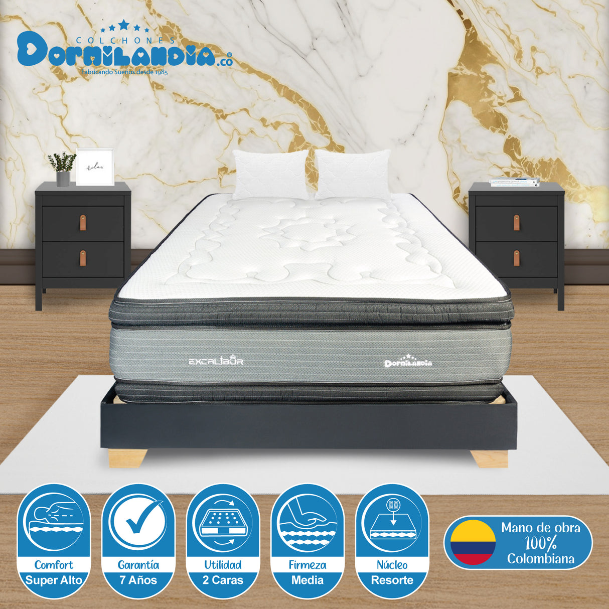 Combo Base Cama y Colchón Excalibur Gris y Negro King 200 X 200 Cm Firmeza Medio Doble Faz - COLCHONES | Bylmo