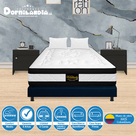Combo Base Cama y Colchón Casata Blanco y Azul Queen 160 X 190 Cm Firmeza Medio Firme Doble Faz - COLCHONES | Bylmo