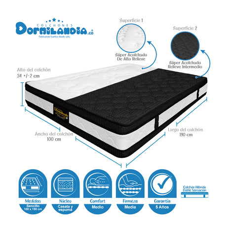 Combo Base Cama y Colchón Casata Blanco y Gris Sencillo 100 X 190 Cm Firmeza Medio Firme Doble Faz - COLCHONES | Bylmo