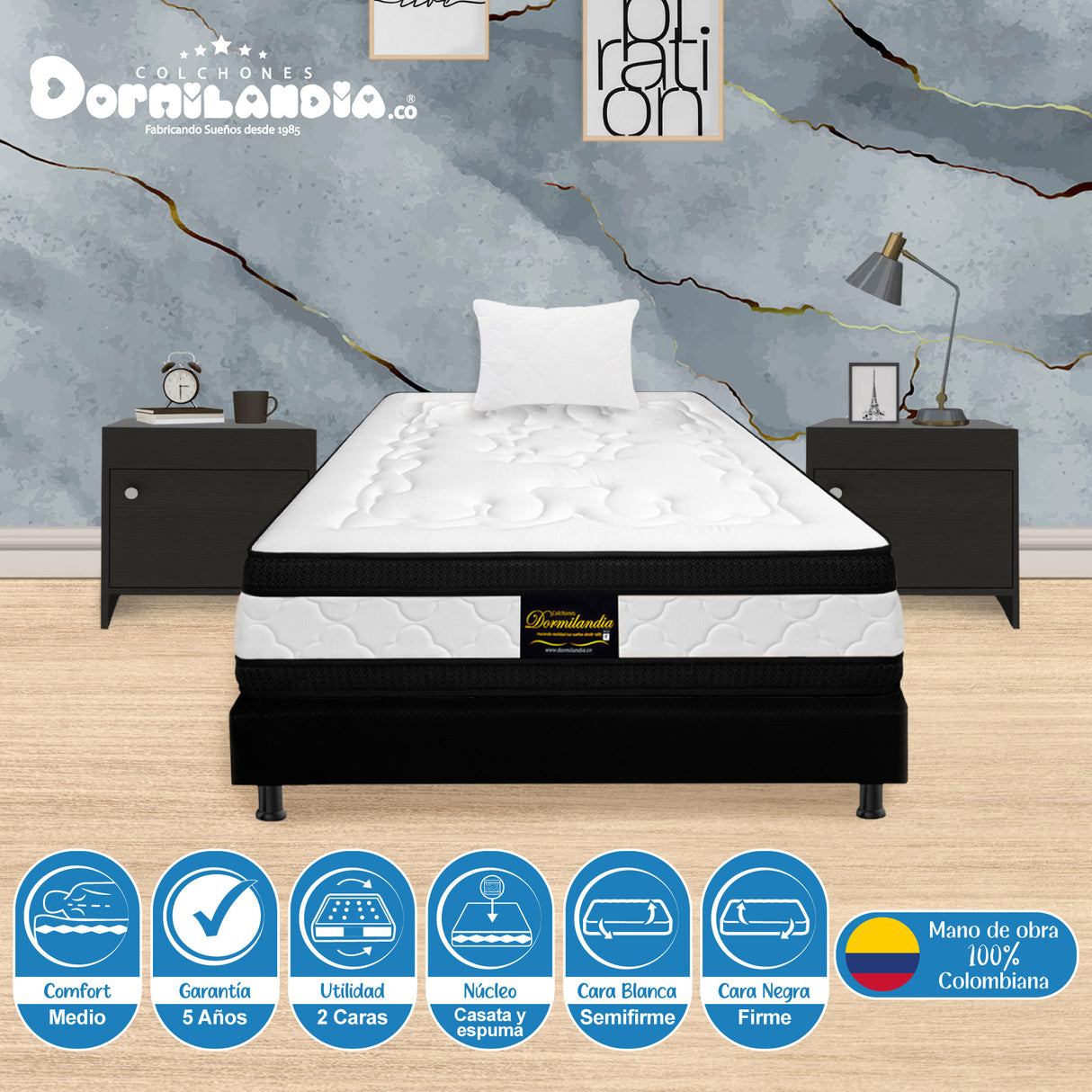 Combo Base Cama y Colchón Casata Blanco y Negro Sencillo 100 X 190 Cm Firmeza Medio Firme Doble Faz - COLCHONES | Bylmo