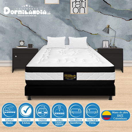 Combo Base Cama y Colchón Casata Blanco y Negro Queen 160 X 190 Cm Firmeza Medio Firme Doble Faz - COLCHONES | Bylmo