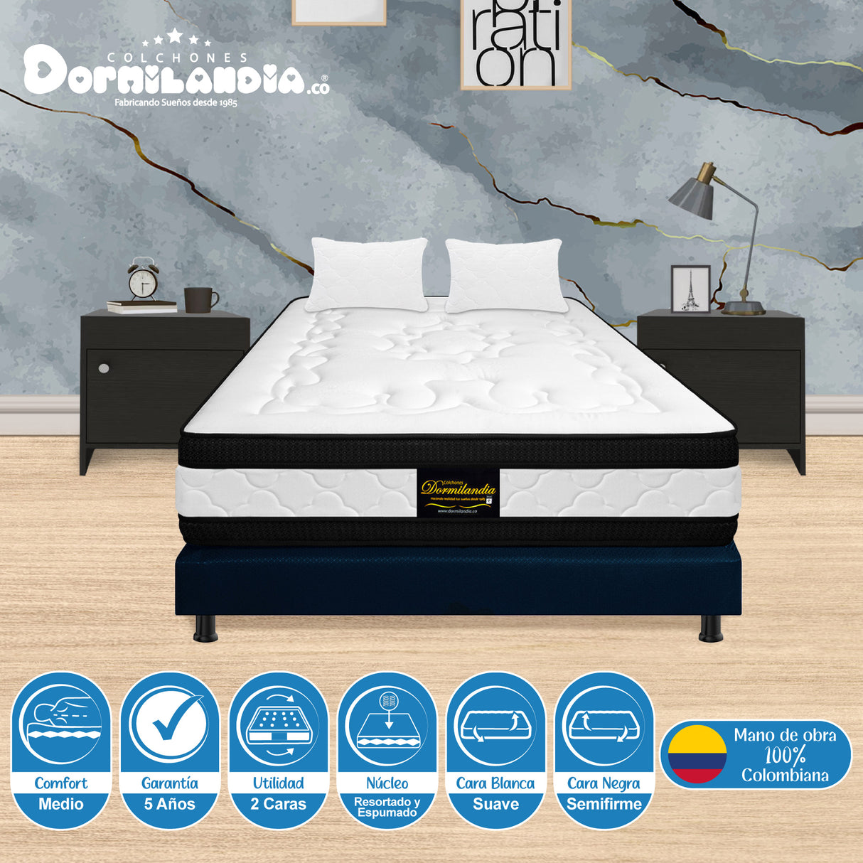 Combo Base Cama y Colchón Blanco y Azul Queen 160 X 190 Cm Firmeza Medio Suave Doble Faz - COLCHONES | Bylmo