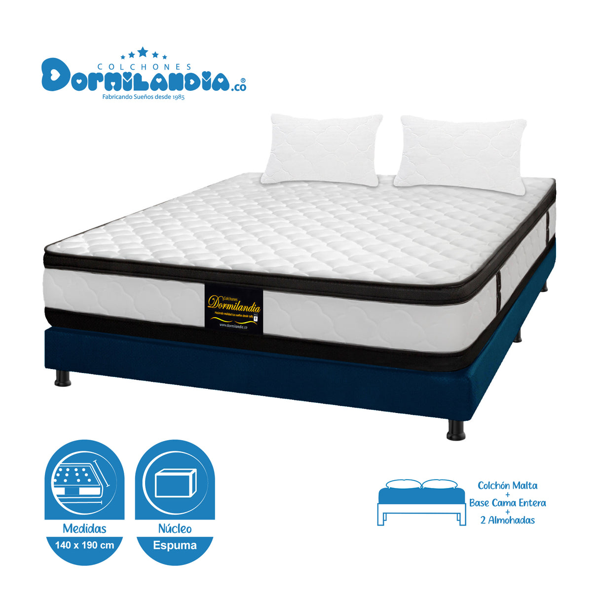 Combo Base Cama y Colchón Malta Blanco y Azul Doble 140 X 190 Cm Firmeza Firme Doble Faz - COLCHONES | Bylmo