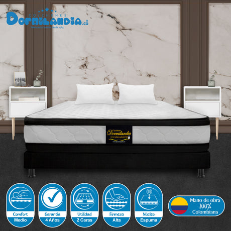 Combo Base Cama y Colchón Malta Blanco y Negro Semidoble 120 X 190 Cm Firmeza Firme Doble Faz - COLCHONES | Bylmo