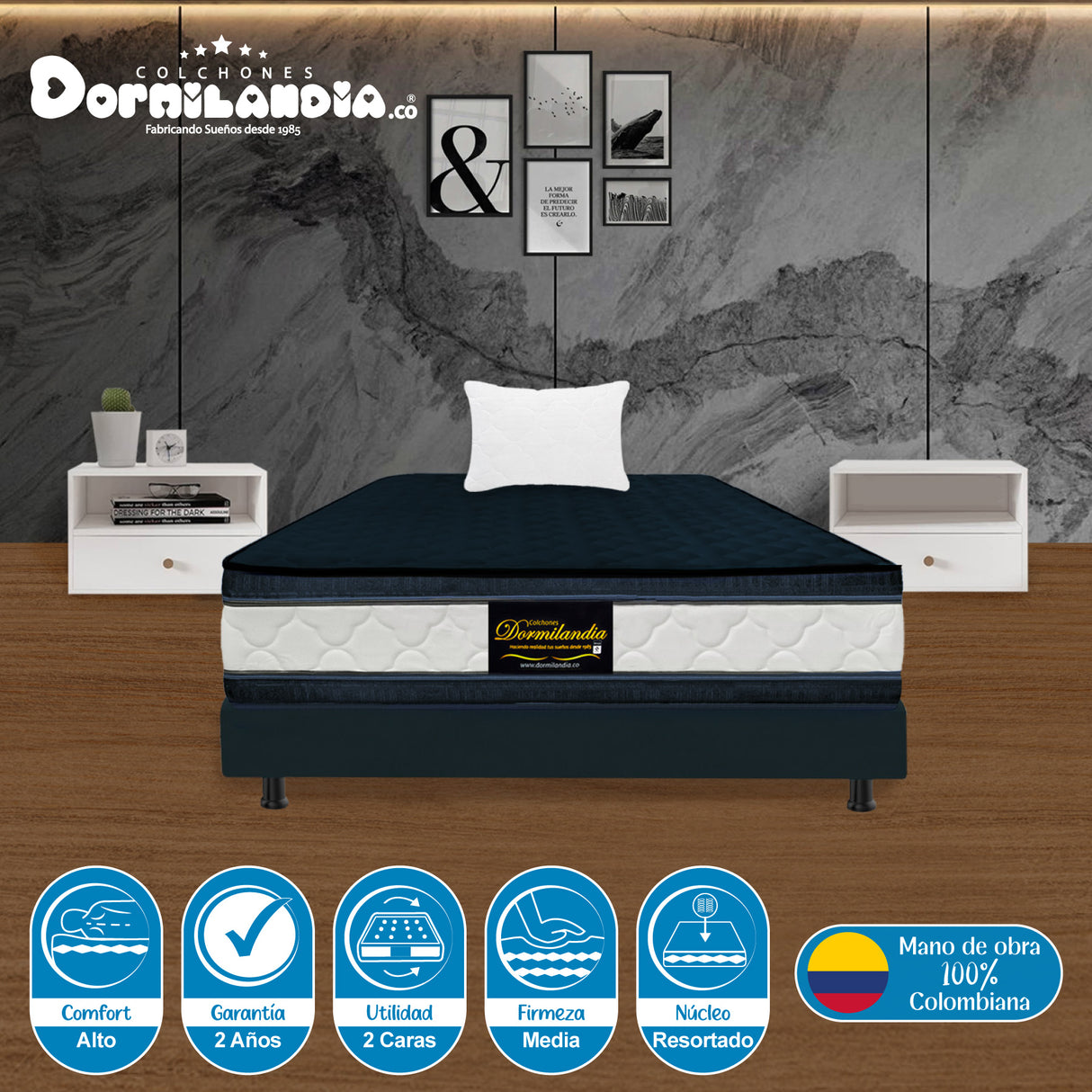 Combo Base Cama y Colchón Marshall Azul Sencillo 100 X 190 Cm Firmeza Medio Doble Faz - COLCHONES | Bylmo