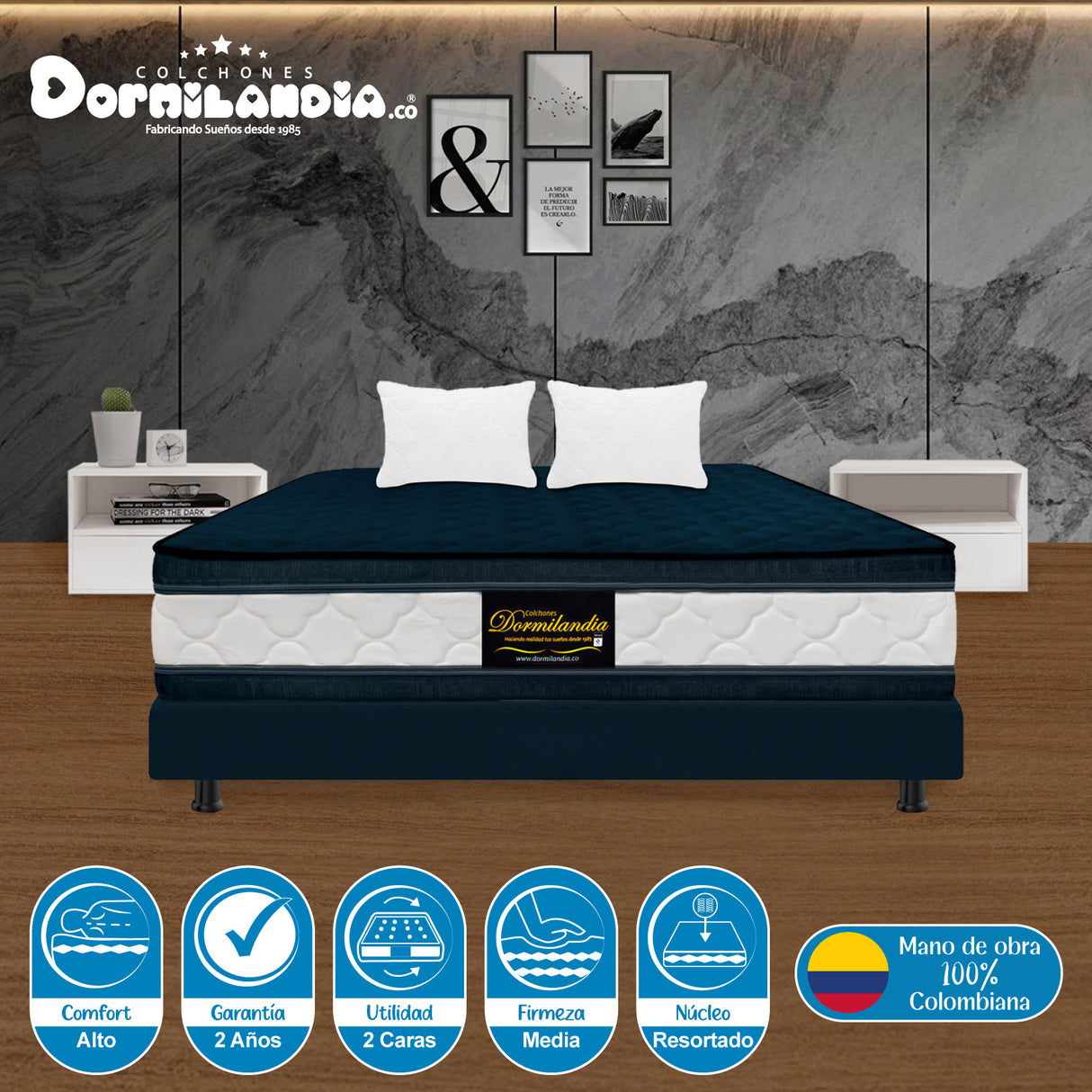 Combo Base Cama y Colchón Marshall Azul Queen 160 X 190 Cm Firmeza Medio Doble Faz - COLCHONES | Bylmo