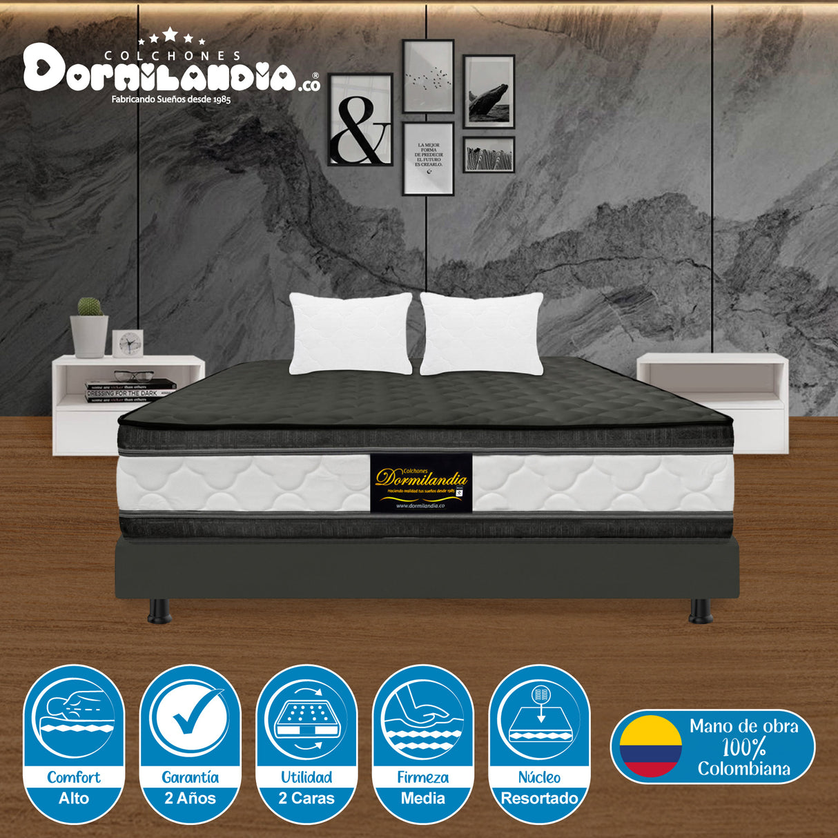 Combo Base Cama y Colchón Marshall Gris King 200 X 200 Cm Firmeza Medio Doble Faz - COLCHONES | Bylmo